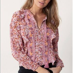 Hale Bob Denise Pintuck Pink Floral Ruffle Top
Medium